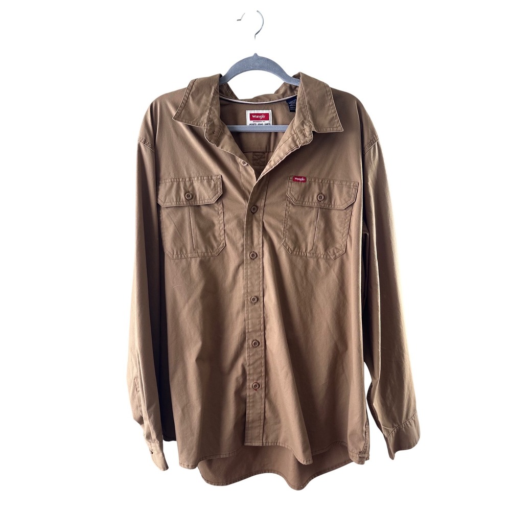 Wrangler Mens Tan Khaki Long Sleeve Button Down Work‎ Shirt Dual Pocket Large